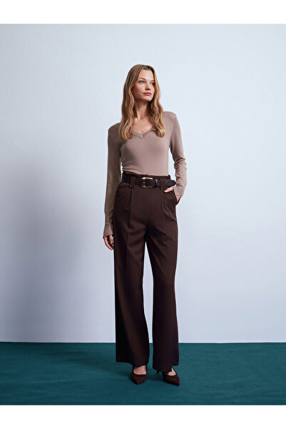 Dilvin 72246 Belted High Waist Trousers-Brown