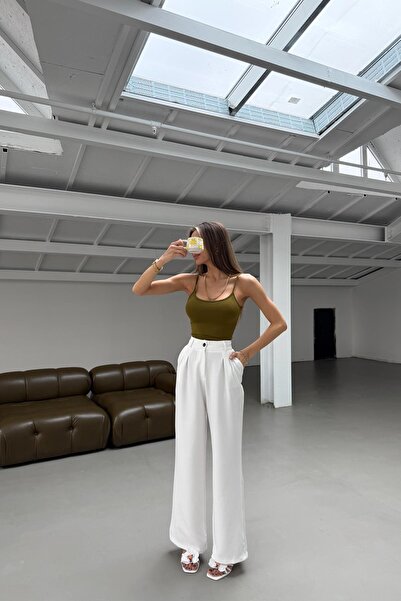 mylove بنطلون بالازو مطوي باللون الأبيض