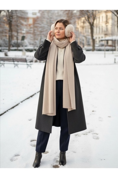 QA Quella Accessories شال UCU ÇOBAN طويل من التريكو الناعم المخيط باللون البي...