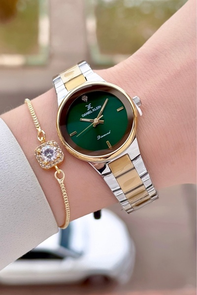 Daniel Klein Dial Green Cord Gold Silver Color 30 mm Women Wristwatch with Gi...