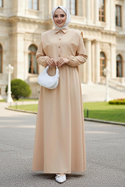 hafsamina Bolerolu Beli Lastikli Tesettür Elbise Bej HM262756