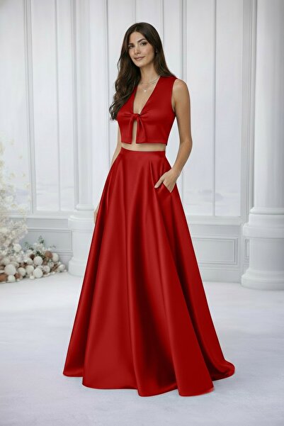 MadyaButik Fusta roșie cu buzunare și volane pentru femei