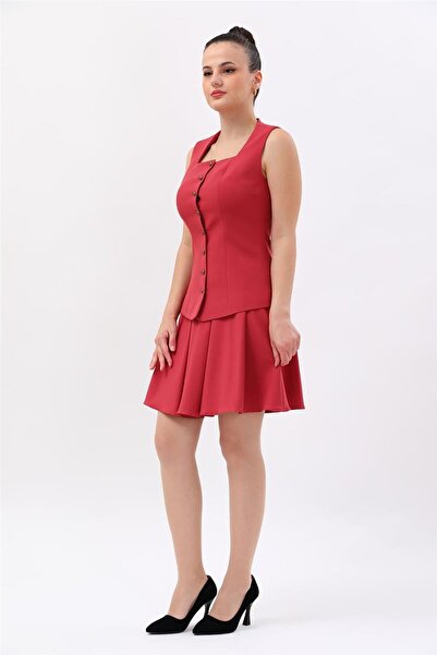 ÖNDER ÖZSOY Square Collar Buttoned Modern Vest & Short Pleated Flared Skirt W...