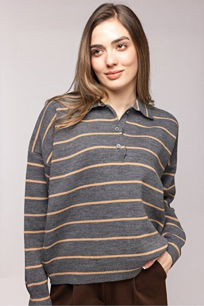 Saade Anthracite Striped Polo Neck Buttoned Knit Sweater