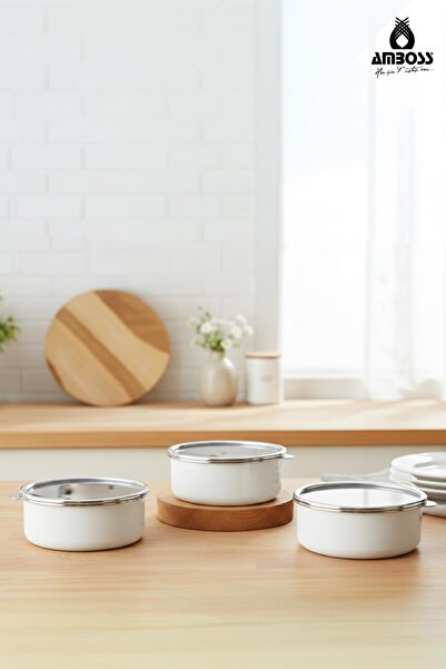 Amboss 6 Parça Crispella 14-16-18 cm Emaye Saklama Kabı Seti – Beyaz