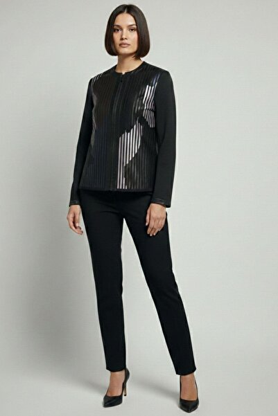 Deriderim جاكيت جلد أصلي نسائي مطبوع باللون الأزرق الداكن والأسود والأحمر الد...