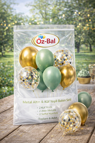 Öz-bal Gold Krom & Küf Yeşili Balon Seti 6’lı | Şeffaf Konfetili Parti Balonl...