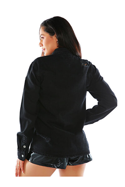 london Rag Women Black Ripped Denim Jacket