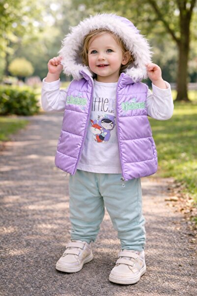 Chicsy Baby Kız Bebek Kapüşonlu Şişme Yelek Peluş Detaylı Soğuk Geçirmez,Ferm...