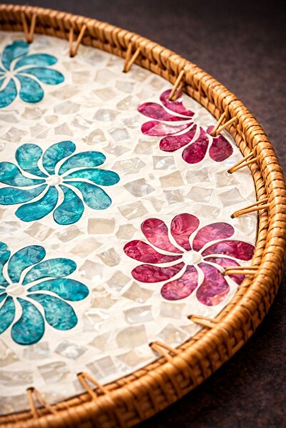 YONCA ART CONCEPT MİEN MARKA 2'Lİ RATTAN SEDEFLİ TEPSİ-ÖZEL GÜN,SUNUM,HEDİYE,...