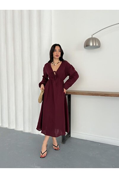 Nazline Women's Elastic Waist Lace Detailed Long Sleeve Muslin Dress