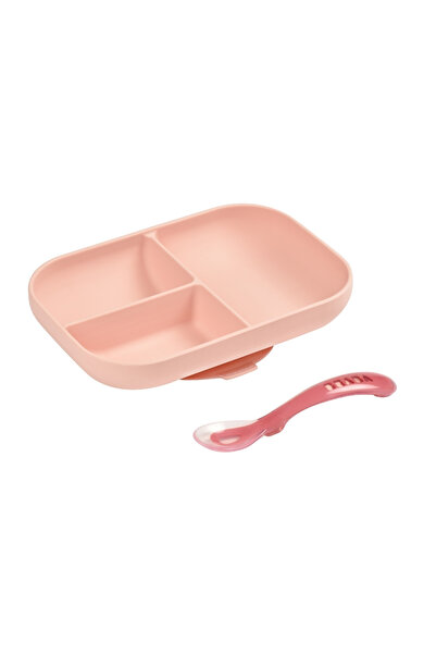 Béaba طبق سيليكون مقسم مزود بخاصية الشفط مع طقم ملاعق للأطفال من عمر سنتين، ل...