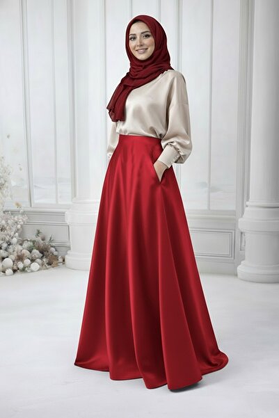 MadyaButik Women's Red Pocketed Pleated Kiloş Skirt