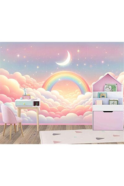 Grown Pembe ve Mavi Bulutlar Gökkuşağı Yıldızlı Çocuk Odası Duvar Kağıdı
