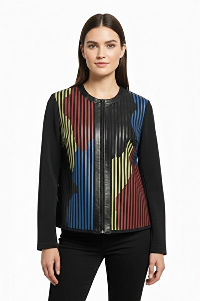 Deriderim جلد مخطط باللون الأزرق والأحمر والأصفر على قماش تول لونا مطبوع سترة...