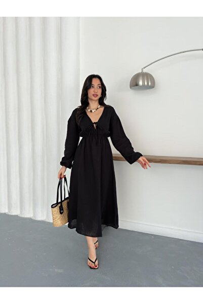 Nazline Women's Elastic Waist Lace Detailed Long Sleeve Muslin Dress