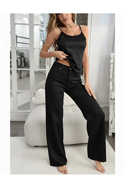 NWC Women's Black Stretch Fabric Super High Waist Wide Leg Denim Palazzo Pants