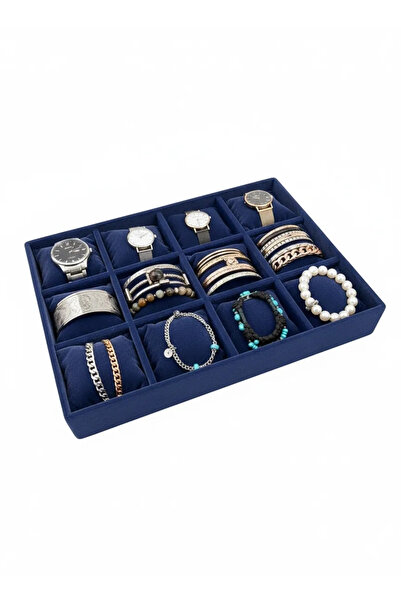 MeGass Dekor صندوق ساعات ومجوهرات من قماش جلد الغزال طراز طوكيو باللون الأزرق...