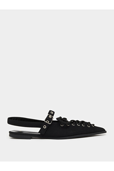 Styli Black Lace-Up Pointed Toe Slingback Shoes