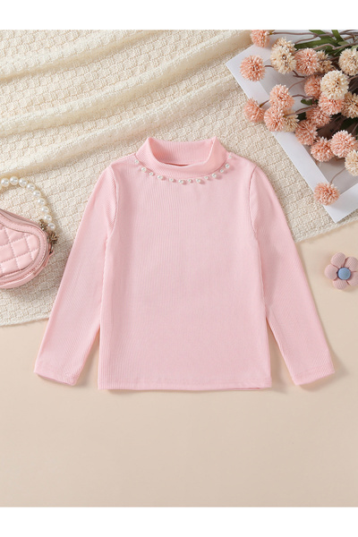 Take Two By Styli Girls Mock Neck Faux Pearl Embellished Rib Top