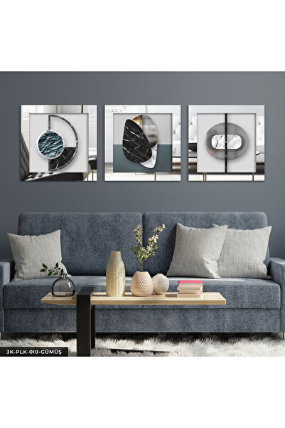 Evinemoda Soyut Sanat 3 Parça Gümüş Pleksi Aynalı Çerçeveli Tablo