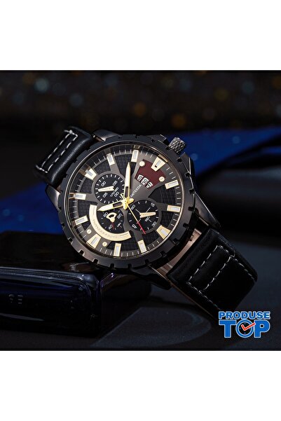 Produse.Top Men's Casual Watch with Black Dial and Golden Numbers