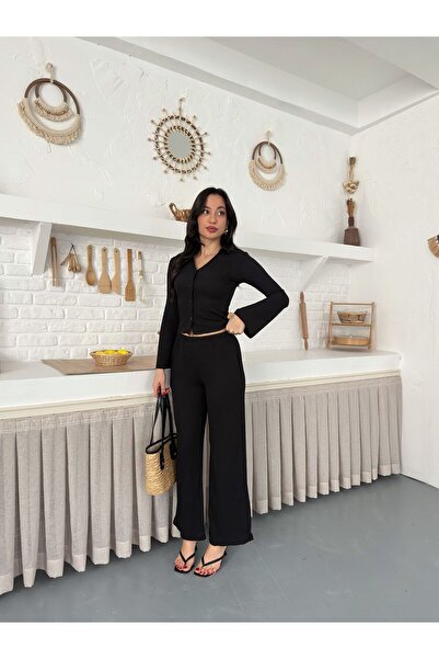 Nazline Women's Front Buttoned Collared Top and Bottom Set