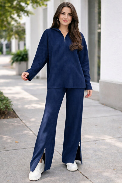 Kirazgym Women's Zipper Detailed Corded Fabric Knitwear Trousers Sweater Set ...