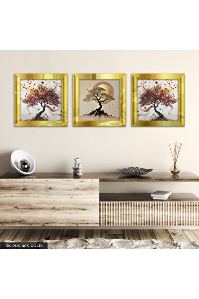Evinemoda Red Leafed Tree and Moon 3 Piece Gold Plexi Mirrored Framed Painting