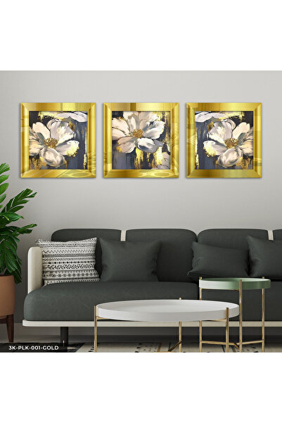 Evinemoda White Flower with Gold Detail 3 Piece Gold Plexi Mirrored Framed Pa...