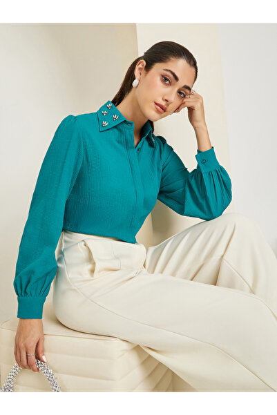 Styli Women Teal Embellished Collar Crepe Shirt