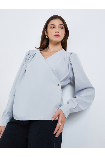 Styli Women Grey Balloon Sleeve Wrap Top