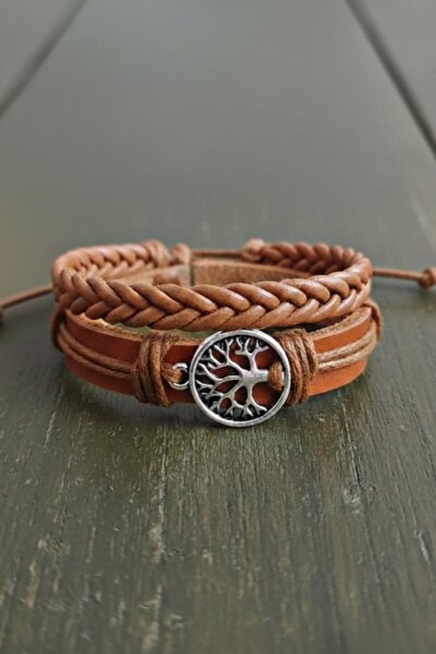 E&F Takı Tree of Life Design Tan 2 Pieces Genuine Leather Bracelet Fashion Br...