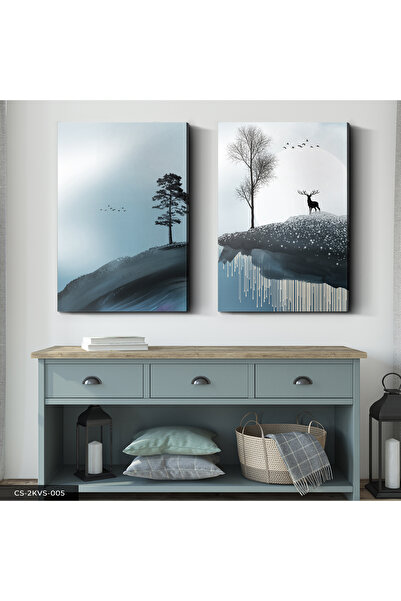 CeSht Minimalist Geyik ve Kuş 2 Parça Kanvas - Canvas Tablo