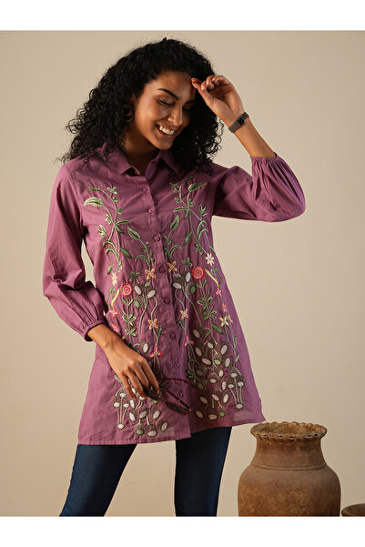 Globus By Styli Women Purple Floral Embroidered A-Line Tunic