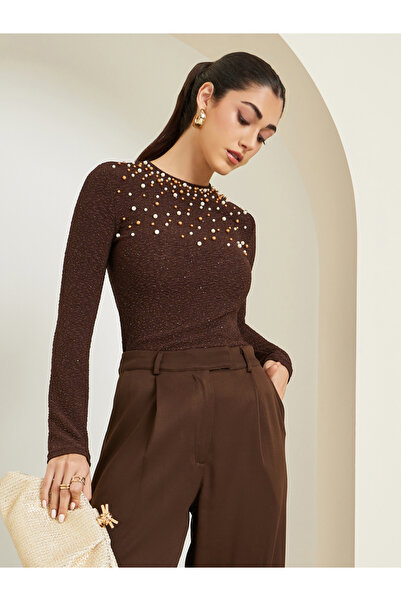Styli Women Brown Pearl Embellished Knit Top