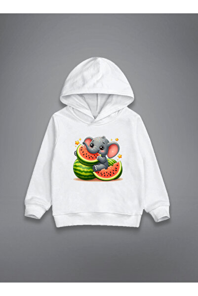 MODA Elefant care mănâncă pepene verde cu imprimeu Pulover cu glugă pentru co...