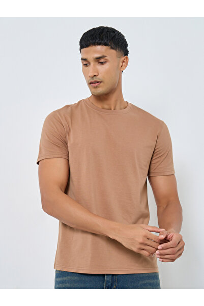 Styli Men Coffee Brown Solid Cotton Blend T-Shirt