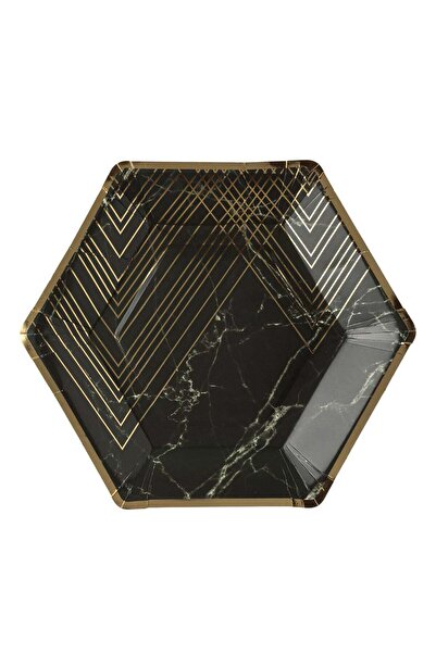 OEM Farfurii de Carton Negre Marble cu Folie Aurie 23cm - 6buc