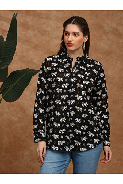 Globus By Styli Women Black Collared Tribal Print Shirt Tunic