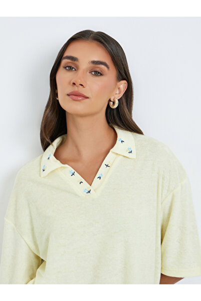 Styli Women Yellow Embroidered Polo T-Shirt