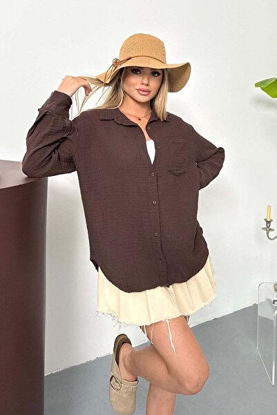 JEE LEE Women's Long Sleeve Single Pocket 100% Cotton Shirt Brown - 26Y 2026
