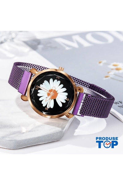 QUARTZ Ceas elegant de damă violet cu margaretă și brățară magnetică reglabil...