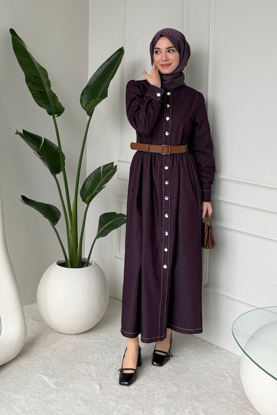 Tesettür Diyarı Rochie Tesettür din denim cu nasturi și curea, model Laris - ...