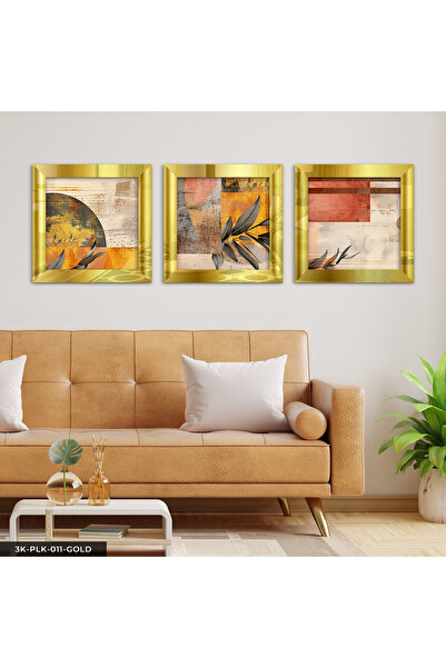Evinemoda Abstract Art and Leaves 3 Piece Gold Plexi Mirrored Framed Painting
