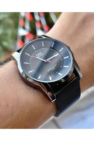 Q&Q Erkek Siyah Kadran Gümüş Kasa Siyah Hasır Metal Kordon Kol Saati 2 Yıl Ga...