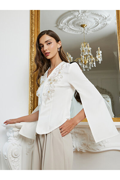 Styli Women White Embellished Cape Sleeves Top