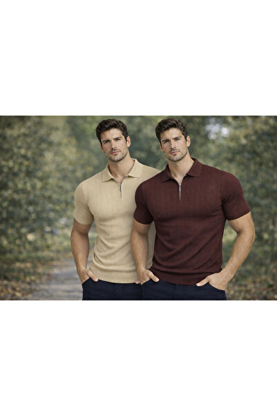 kenoger Σετ 2 ανδρικών πλεκτών μπλουζών poloyaka με φερμουάρ, βαμβακερά, άνετα