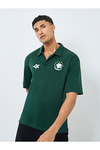 Styli Men Green Graphic Print Oversized Polo