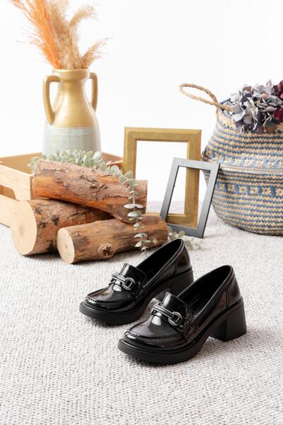 asmi shoes Women's Nida Buckle Detailed 6 cm Heeled Loafer Shoes Black Patent...